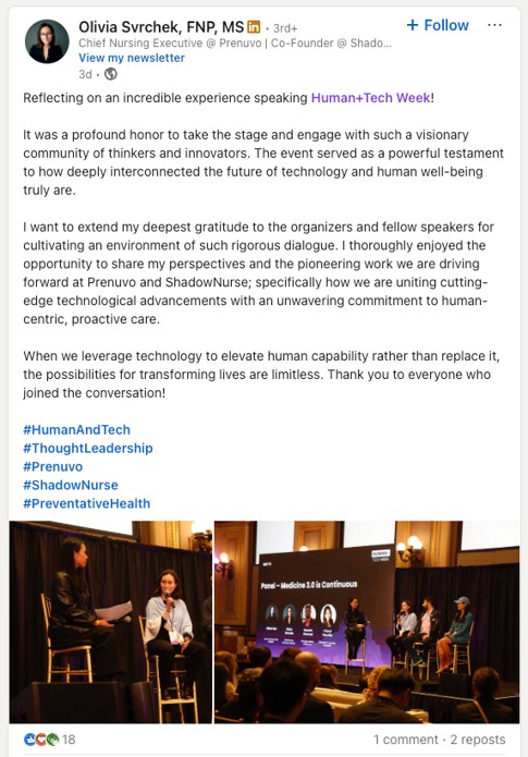 LinkedIn post by Olivia Svrchek about Human+Tech Week