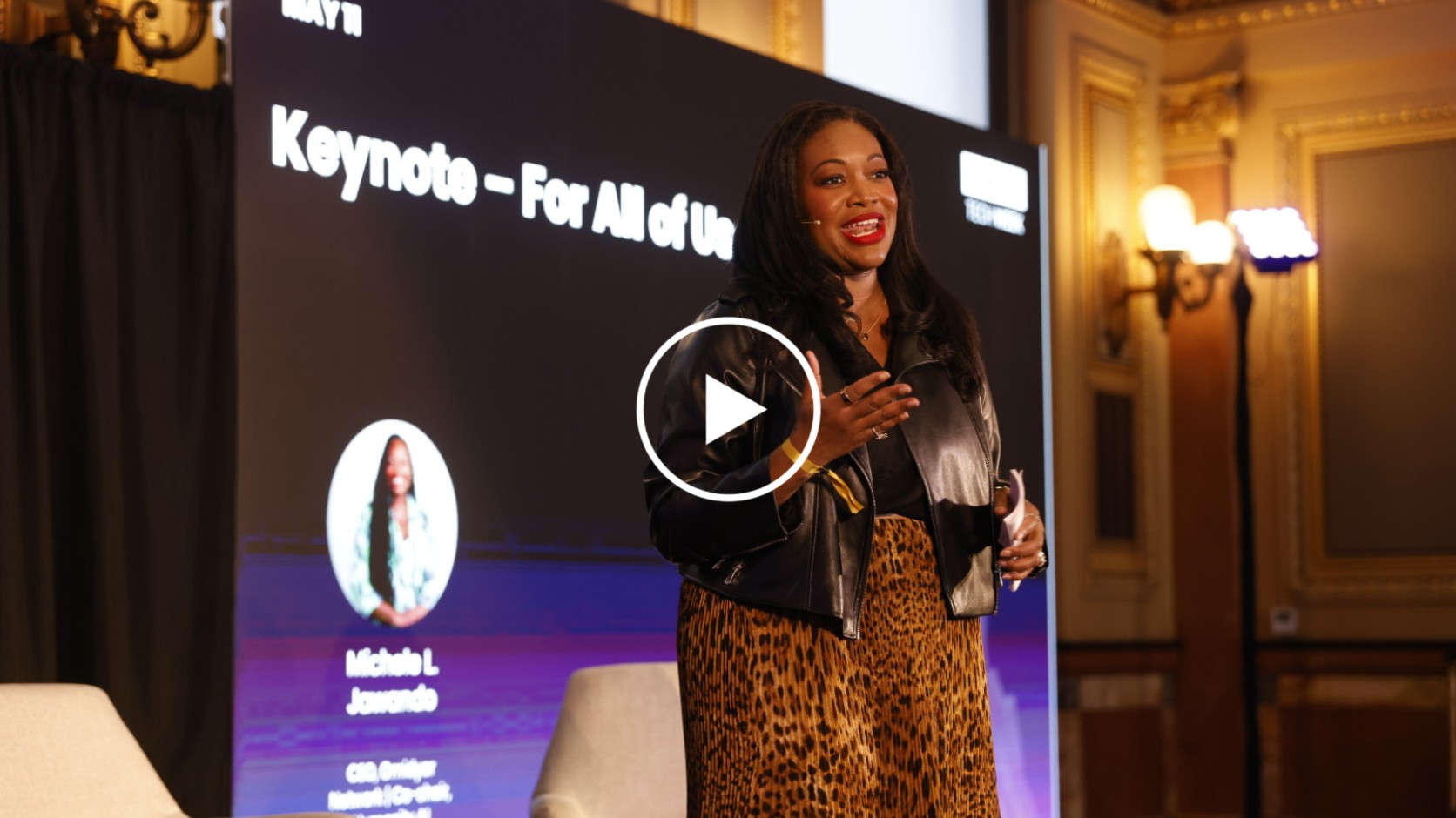 Michele L. Jawando delivering a keynote at Human+Tech Week 2026