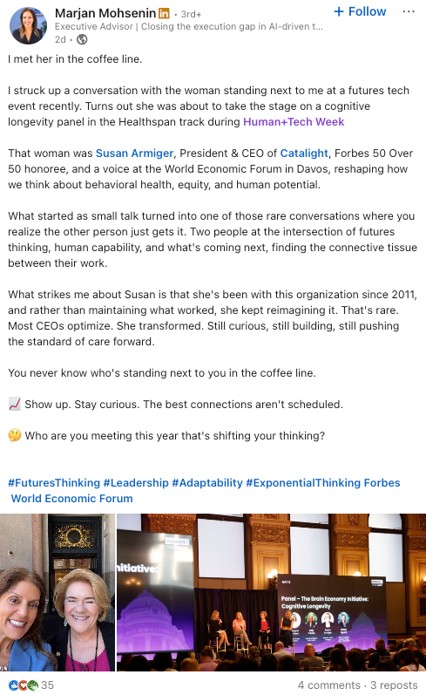 LinkedIn post by Marjan Mohsenin about Human+Tech Week