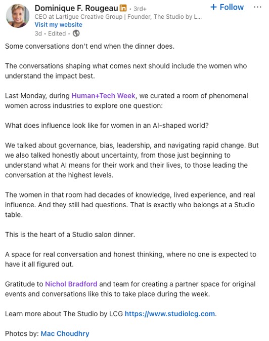 LinkedIn post by Dominique F. Rougeau about Human+Tech Week