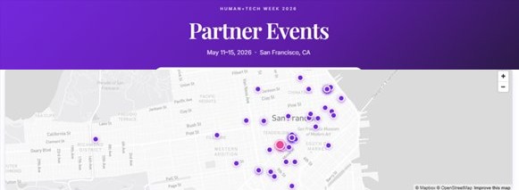 Map of San Francisco showing Human+Tech Week 2026 partner event locations